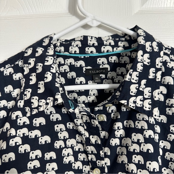 Talbots XL Navy and White Elephant Print Blouse, cotton, roll sleeves w/tab - Picture 8 of 9